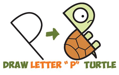 How to Draw a Cute Cartoon Turtle from Letter "P" Shapes Easy Step by