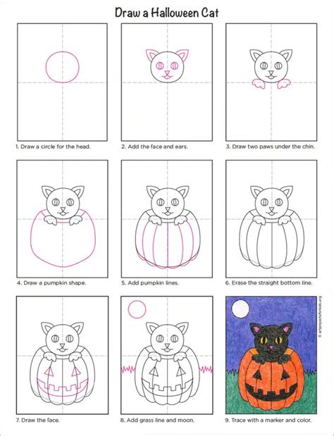 How to Draw a Halloween Cat Tutorial Video and Halloween Cat Coloring