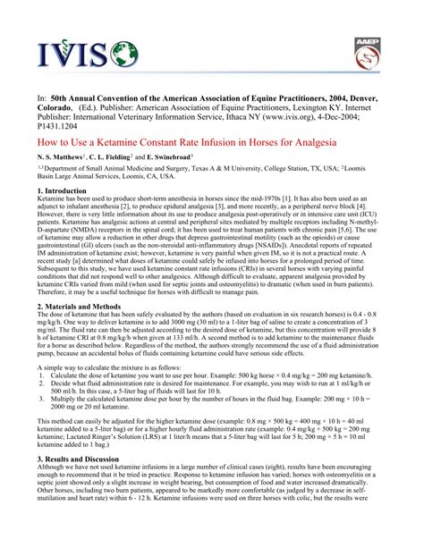 How to Use a Ketamine Constant Rate Infusion in Horses for Analgesia - IVIS