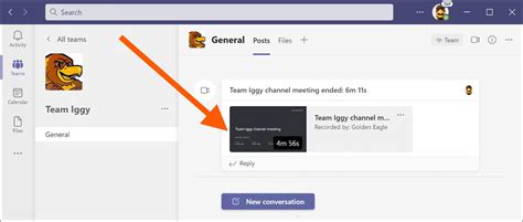 Teams channel meeting recordings are saved to the Teams site. When a recording is ready, a conversation post will appear in the channel with a link to the video recording. Click or tap the video in the post. A window will open. Click or tap the play icon to watch the video recording. . 