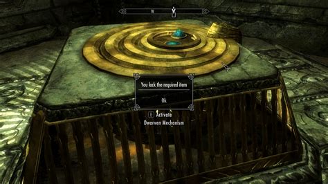Found what is called a "Dwarven Mechanism" inside the Mzinchaleft ruins which are SW of Dawnstar. The specific room I'm in is called the "Mzinchaleft Gatehouse". I've just killed a Dwarven Centurion Guardian and explored the rest of the area but when I try to activate the Dwarven Mechanism it tells me "You lack the required item".