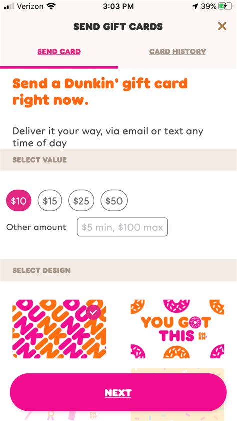 How to add a gift card on the dunkin app. On the Dunkin' app, go to the “Add/Manage Cards” tab. Select a card, and tap the refresh button (the pink arrow in a circle) next to your card balance to refersh it. On DunkinDonuts.com, go to the “Check Balance & Funds” tab. Under your card balance, click the refresh button (the pink box with two arrows in a circle). 