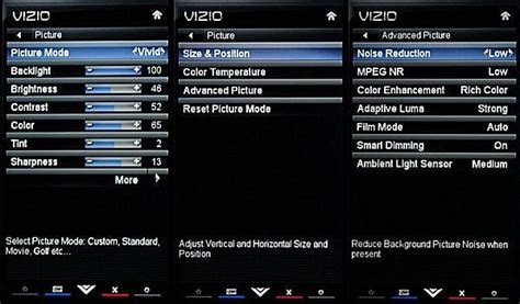 How to adjust the picture size on a vizio tv. The SDR settings contain the picture modes listed above. For easy tweaks, change the picture mode to Calibrated Dark mode, because it is best for customization of picture settings and usually the most accurate gaming mode from experience. Here are the options to tweak in the SDR settings. Brightness – 50. Sharpness – 0. Color – 50 ... 