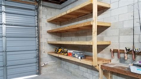 How to build shelves in garage 2x4. I knew the plywood shelves would be 8 feet long so that's how I determined how to hang the brackets. I used plywood cut into 14″ strips and screwed from the top ... 