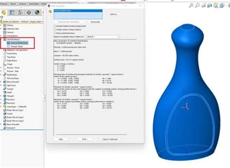 How to calculate the volume of a shell body , like a bottle in Solidworks?