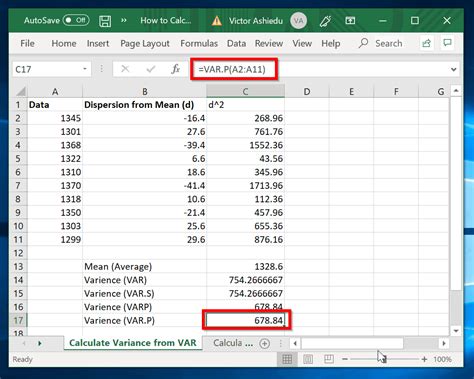 How to calculate variance in excel. Variance for the breaking strength of the tools, when the values in A2:A11 represent only a sample of all the data. VAR.S returns a different result than VAR.P, which treats the range of data as the entire population. 754.27 =VAR.P(A2:A11) The variance based on the entire population, using the VAR.P function, returns a different result. 678.84 
