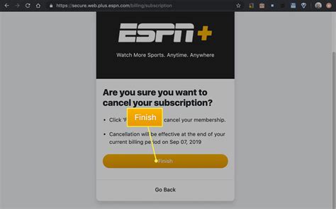 Visit ESPN Plus website. Log in to your ESPN Plus account. Click on your profile. On the drop-down menu, select Manage my ESPN Plus Subscription > Click manage next to your ESPN Plus credit card. Select Cancel. Confirm the cancellation, and that’s it, you have successfully canceled your ESPN Plus subscription.. 