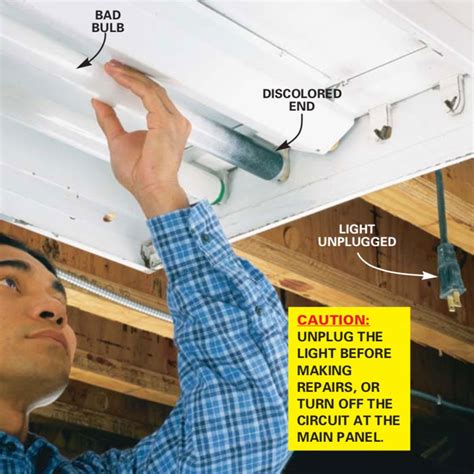 How to change a fluorescent light bulb. Step 1. Remove the shade from your light fixture to expose the light bulb. Step 2. Pull the bi-pin bulb directly out of the socket. Verify the wattage of your replacement bulb and the pin spacing against the bulb you removed. The wattage and the pin spacing vary from bulb to bulb. 