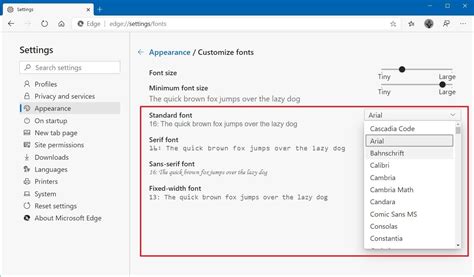How to change default fonts settings on the new Microsoft Edge