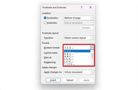 How to change footnote numbers in word