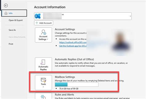 How to check email capacity in outlook