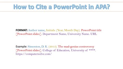 How to cite a powerpoint. APA style suggests that you follow this format: Last name, first initials of the author. (year of publication). Title of PowerPoint presentation [PowerPoint ... 