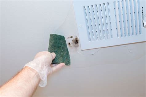 How to clean mold off bathroom ceiling. Mold on Ceiling. Spray the cleaner onto the ceiling and wipe the mold away with a thick sponge. Go over the space two or three times to ensure you get all of the mold. Work in small sections from the edges of the mold to the source. Use a UV lamp and direct it at the ceiling for 24 hours. 