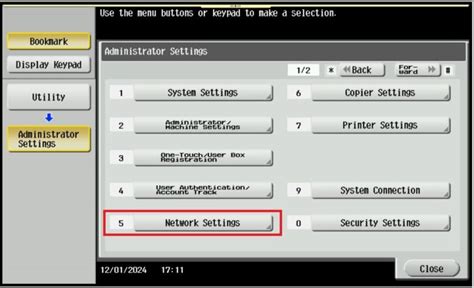How to connect konica minolta to network.  In the Control Panel, select [Utility] - [Device Info...
