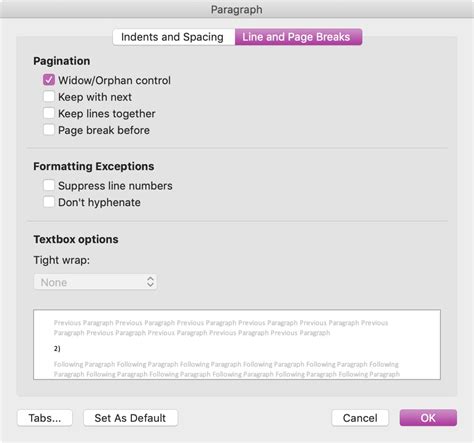 How to control widow and orphan lines in Pages and Word on Mac