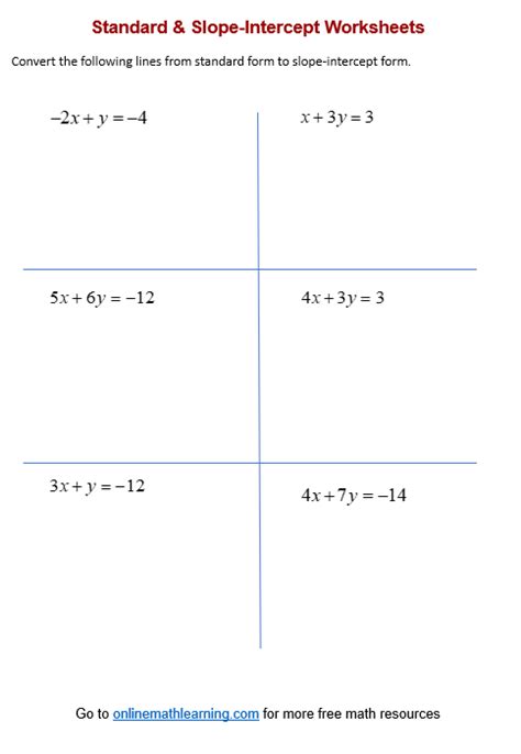 How to convert Slope Intercept Form to Standard Form Worksheets Library