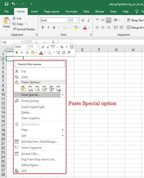 How to copy special in excel