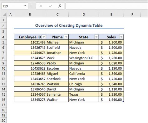 How to create dynamic table in excel