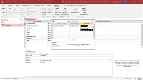 How to create index in access