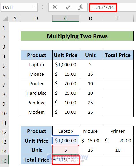 How to create multiplication formula in excel