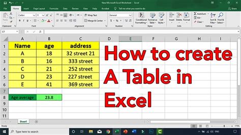 How to create simple table in excel