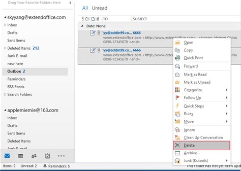 How to delete an email in outbox
