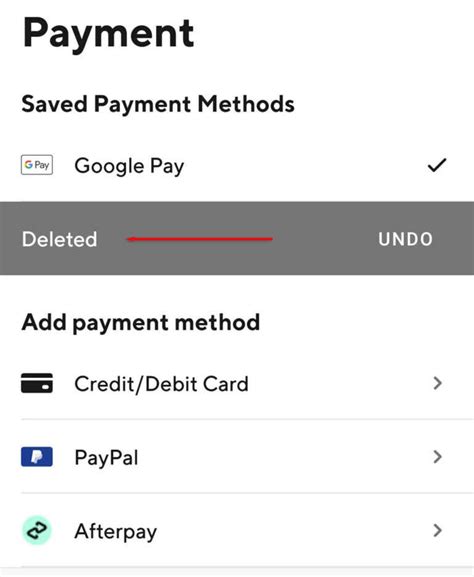 How to delete payment method on doordash. Step 2: Access Payment Methods. Tap on the icon located in the top right corner of the app. For Android users, you will need to tap on “Payment Methods,” while iOS users should tap on “Payment.” Step 3: Select the Payment Method to Remove. Once you are in the “Payment Methods” section, look for the list of saved payment methods. 