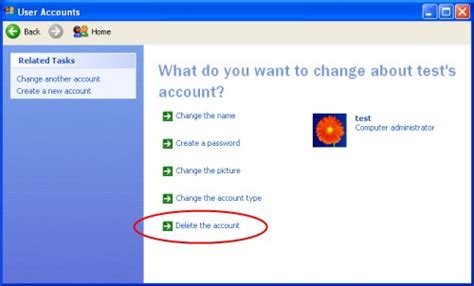 How to delete user account in xp