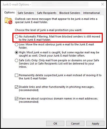 How to disable spam filter in outlook