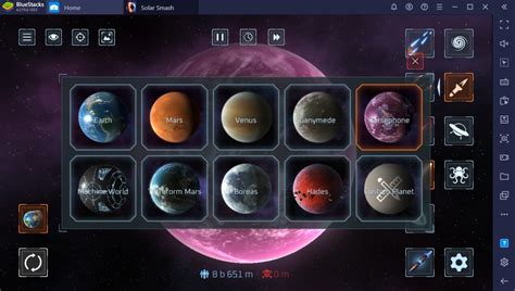 Planet Smash. In this game mode, you can choose between seven pre-set planets to destroy, or customise your own. Your tools are categorised by four different icons on the right hand side of the screen. Firstly, you have natural phenomena, represented by a spiral pattern. Here, you have access to meteorites, black holes, meteor showers and moons ....