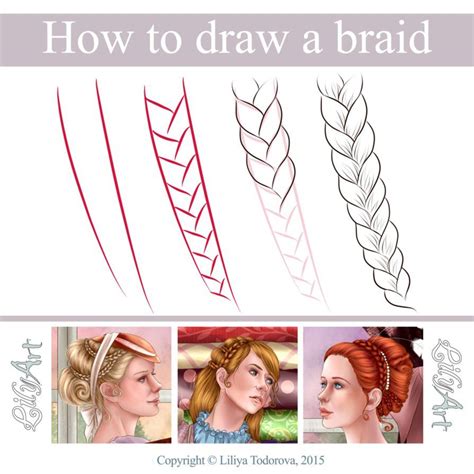 How to draw braids. Step 1. Draw an outline of the head and the two buns using simple shapes, placing the two buns close to each other. Make a line from the center top of the head downward, in between the buns, to indicate the part in the hair. Next, draw two sections where the braids will be, ending around the buns. Because the face is turned slightly to … 