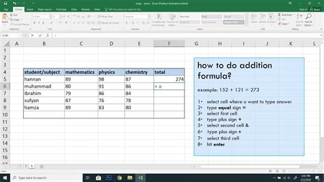 How to enter addition formula in excel