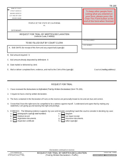 How to fill out form TR205 Request for Trial by Written Declaration