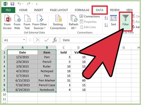 How to filter in excel. Step 1: Select the Data You Want to Filter. The first step in filtering data in Excel is selecting the data you want to filter. Click on a cell in the data set to activate it, then click on the “Data” tab in the Excel Ribbon. From there, select “Filter” from the drop-down menu. This will add a filter to the top of each column in your ... 