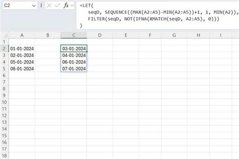 How to find missing dates in excel