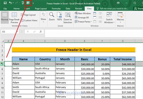 How to freeze the header in excel