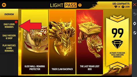How to get Gloo Wall Roaring Protector and Tiger Claw Backpack from Light Pass in Free Fire MAX