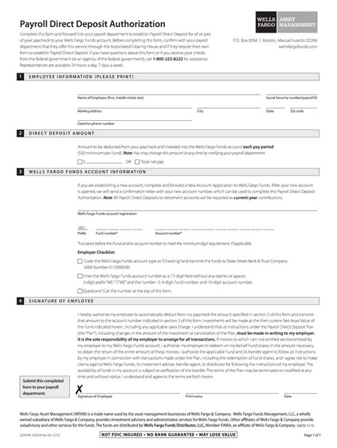 If you are providing Form W-9 to an FFI to document a joint account each holder of the account that is a U.S. person must provide a Form W-9. See What wells fargo direct deposit form Click here to clear form Payroll Direct Deposit Authorization Complete this form and forward it to your payroll department to establish Payroll Direct. 