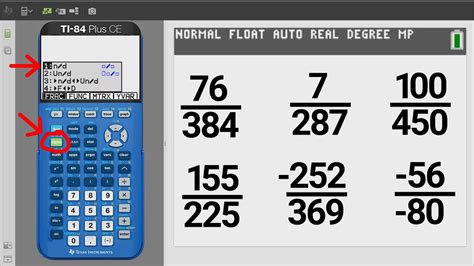 How to get a fraction on ti-84 plus. TI-83, TI-83 Plus, TI-84 Plus Guide The "to a fraction" key is obtained by pressing MATH 1 [`Frac].The calculator's symbol for times 1012 is E12.Thus, 7.945E12 means 7.945*1012 or 7,945,000,000,000. The result 1.4675E−6 means 1.4675*10−6, which is the scientific notation expression for 0.0000014675. 