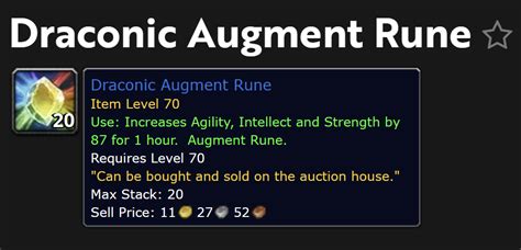 How to get draconic augment runes. Sep 17, 2023 · My guild is spending almost a million gold a night on augment runes for mythic Sarkareth right now. These are way too rare and, therefore, way too expensive. In Shadowlands, you could get a TON of runes on the mission table–I suspect that this was the biggest source of them in the game. The mission table went away with DF, but nothing was done to increase the supply of augment runes to ... 