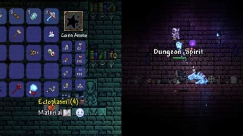 The Dungeon Spirit is a monster that spawns when any monster with 100 HP or more is killed inside a Dungeon in Hard Mode after killing Plantera at 6.67% (1/15) chance. They are capable of moving through walls and will slowly chase the player until defeated. Strangely, Dungeon Spirit has a smaller chance of spawning during a Blood Moon. As they are the only source of Ectoplasm, any caster .... 