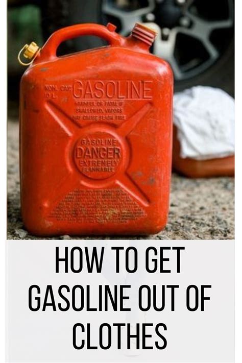 How to get gasoline out of clothes. Use an old toothbrush to stub the area. Fill your washing machine/bucket with water and a cup of white distilled vinegar. Soak the gasoline-stained clothes in the water for another half an hour. Drain the solution, and wash the clothes using the detergent powder. Rinse it off with fabric fragrance products. 