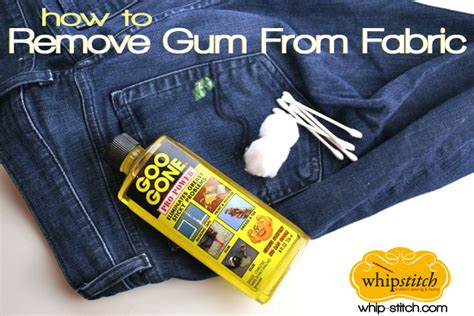 How to get gum out of fabric. Heat the residue with a hair dryer. Place the polyethylene food wrap over the gum. Scrape and lift the gum off with your fingers. The plastic will act as a barrier to collect the gum. Mix one teaspoon dish soap and one cup of warm water. Blot the solution on the gum. Rinse the affected area with warm water. 