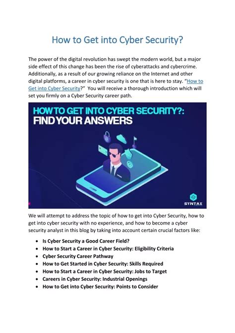 How to get into cyber security. Feb 12, 2024 ... ... cyber security analyst. ... Cybersecurity | How to Make 6-Figures in Cyber Security ... Do you have what it takes to get into Cybersecurity in 2024. 