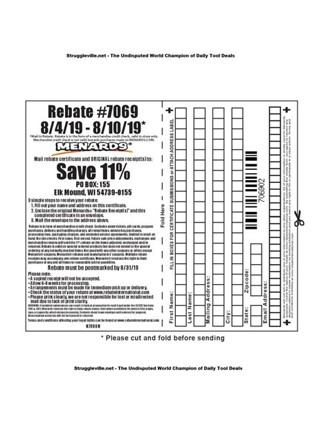 How to get menards rebate. Where to get the 11% Menards Rebate Form. The 11% rebate form can be got from the stores or online. To get your Menards 11% rebates, you will need to: Fill out the rebate form. Mail the form with a stamp, alongside your rebate receipts, to PO Box 155, Elk Mound, WI 54739-0155. Your rebate check will be sent to you in 6 to 8 weeks. 