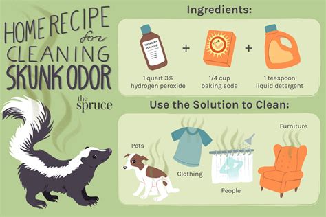How to get skunk smell out of clothes. One popular method to remove skunk spray involves mixing hydrogen peroxide, baking soda, and liquid soap. Apply this solution to affected areas, such as clothing or pets, and let it absorb for a few minutes before rinsing. The chemical reaction between the ingredients helps break down the skunk spray smell. 