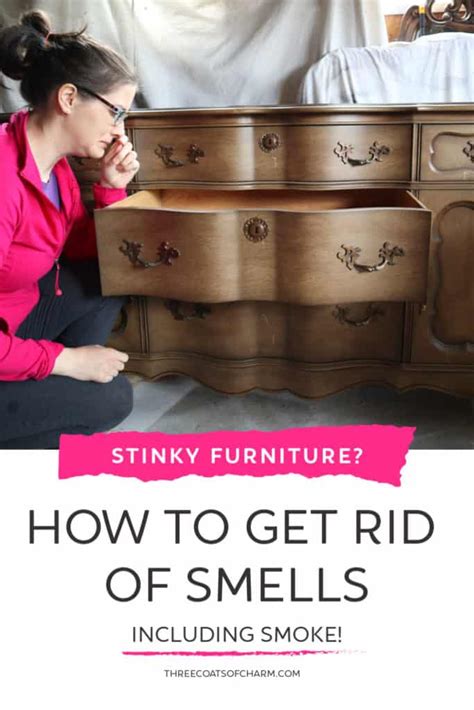 How to get smoke smell out of furniture. Use Vinegar or Diluted Bleach on Non-Fabric Surfaces. Both vinegar and bleach are especially good at breaking up the resins and tars found in cigarette smoke. For vinegar solutions: Mix equal parts water and distilled white vinegar. Use this to clean plastic, wood, and metal appliances and furniture. 