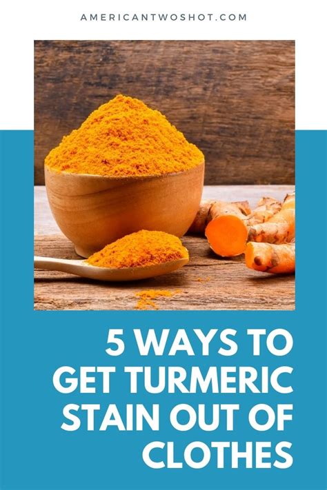 How to get turmeric stains out. Warm water will set color in, use cool one. Use enzyme stain remover and a soft toothbrush to clean stains. After no more than 15 minutes wash out under cool water. If there are still some stains, use oxygen based whitener. Mix according to instructions, soak for 8 hours. Wash out under cool water. 
