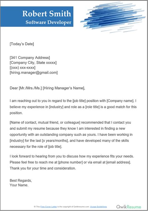 When submitting a digital cover letter, it's unnecessary to include your recipient's contact information. Salutation: Start your cover letter with a professional greeting, such as "Dear," followed by the recipient's name. If their name is unavailable, you can address them as "Dear Hiring Manager" or by their specific job title.. 