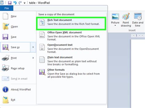How to insert table in wordpad